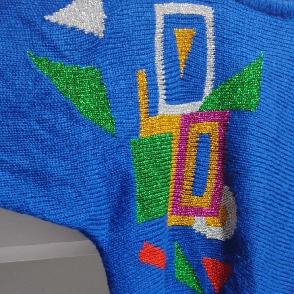 (A-71)SALE!RARE! Alfredo Moro Blue Sweater W Colorful Geometric Glittery Design - Picture 5 of 10